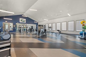 A gym with treadmills, weights, and exercise equipment.