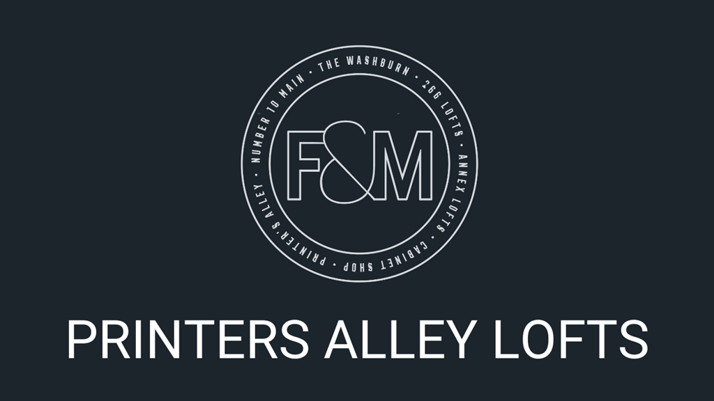 a logo with the words printers alley lofts on a black background