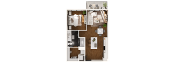 a 3d rendering of a bedroom with a wood floor