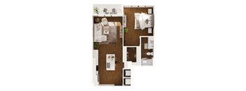 a 3d rendering of a bedroom with a wood floor