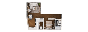 a rendering of a bedroom with a bathroom and a living room