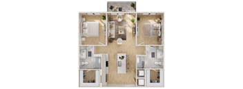 a 3d floor plan of a bedroom with a bathroom and a living room