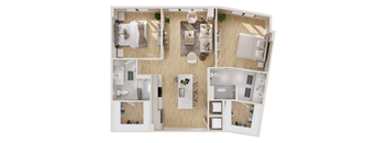 a stylized floor plan of a home with a bedroom and living room