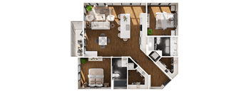 a 3d drawing of a bedroom with a bathroom and a living room