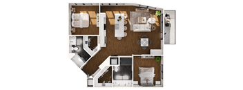 a 3d drawing of a bedroom with a bathroom and a living room