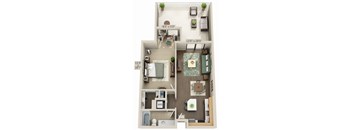 A floor plan of a two-bedroom apartment with a living room, kitchen, and bathroom.