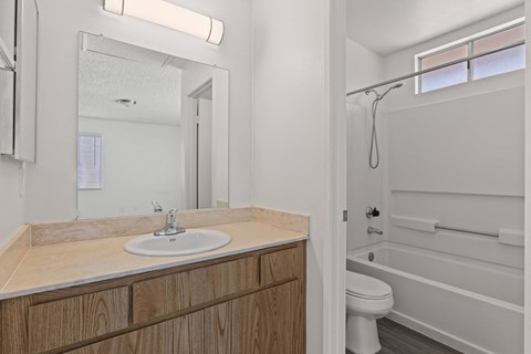 A bathroom with a sink, mirror, and bathtub.