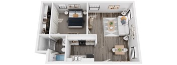 a 1 bedroom floor plan with a bed and a bathroom