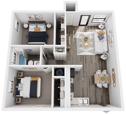 a 3d drawing of a bedroom with a living room