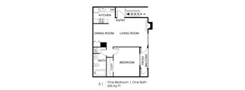 A floor plan of a one bedroom apartment with one bath.