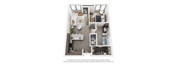 A floor plan of a small apartment with a kitchen, living room, and bathroom.