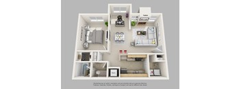 A 3D floor plan of a small apartment with a living room, kitchen, and bedroom.