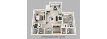 A 3D floor plan of a house with labeled rooms.