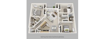 A 3D floor plan of a house with various rooms and furniture.