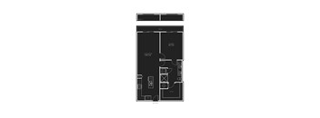 A black and white floor plan of a bedroom with a sleeping area, a living area, and an entry point.