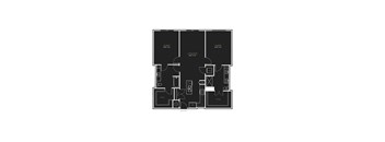 A black and white floor plan of a house with two bedrooms, a living room, a bathroom, and an entry.