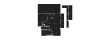 A black and white floor plan of a two-story home with a living room, two bedrooms, and a balcony.