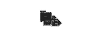 A black and white floor plan of a house with a living room, kitchen, and two bedrooms.