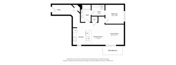 A floor plan of a house with a living room, dining room, kitchen, bath, bedroom and patio.