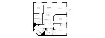 A floor plan of a house with a living room, dining room, kitchen, and three bedrooms.
