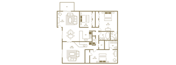the illustration of the floor plan of the apartment with different furniture and appliances