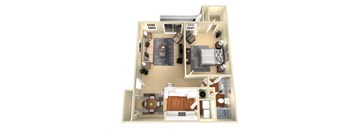 a stylized floor plan of a one bedroomapartment