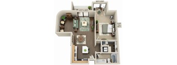 A 3D floor plan of a house with a living room, dining room, kitchen, and bathroom.