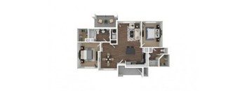 A floor plan of a house with a kitchen, living room, and two bedrooms.