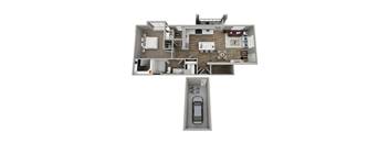 A top-down view of a house layout with a garage and a separate entrance.