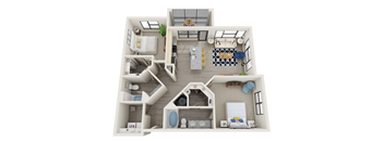A top-down view of a modern apartment layout with a living room, kitchen, and bedrooms.