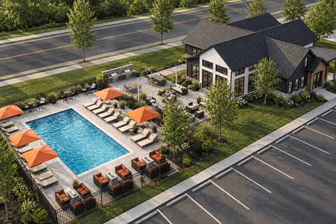 A large house with a pool and orange umbrellas.