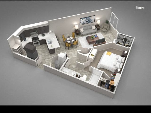 A 3D floor plan of a house layout with labeled rooms.