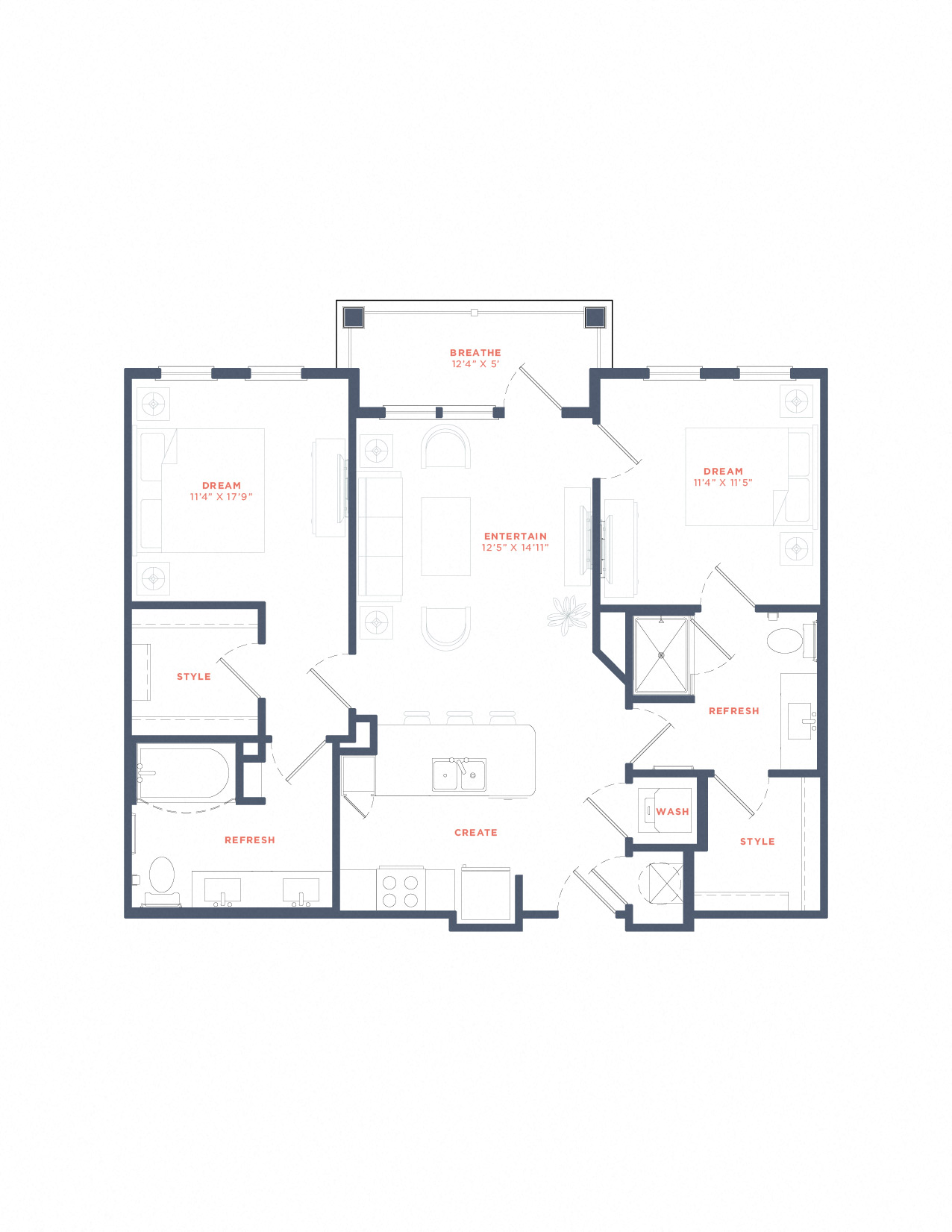 A floor plan of a house with labeled rooms such as "Dream", "Entertain", and "Kitchen".
