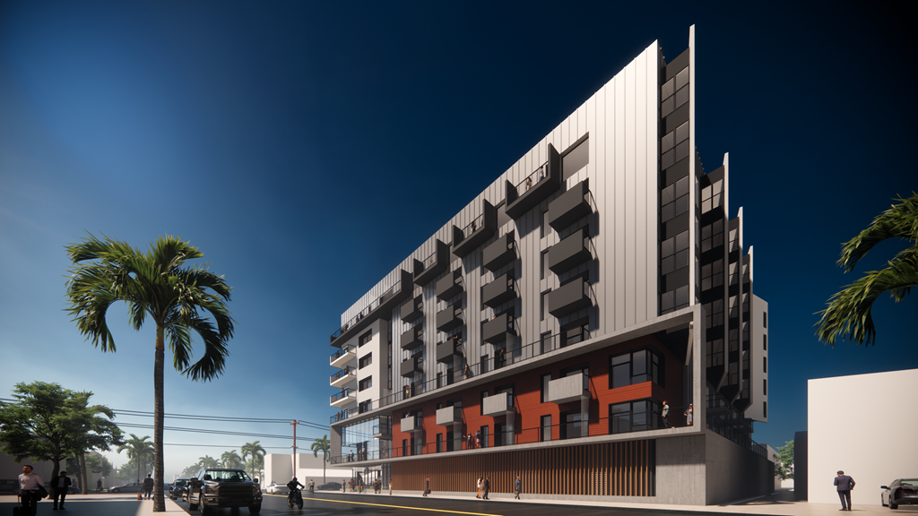 A modern building with a lot of windows and a red sign on the side.