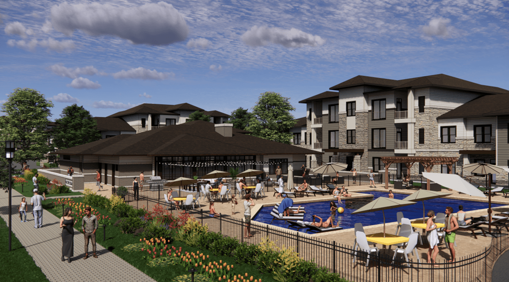 A rendering of a resort with a pool and people enjoying the sun.