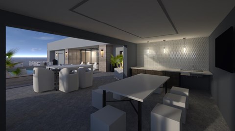 A modern dining area with a table and chairs.