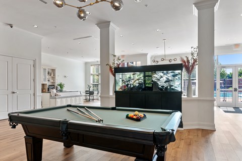 A pool table in a room with a fish tank in the background.
