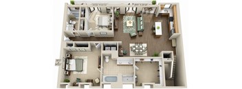 A 3D floor plan of a house with a living room, kitchen, dining room, and bedrooms.