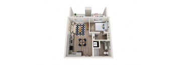 A floor plan of a small apartment with a kitchen, living room, and bathroom.