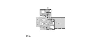 A floor plan of a house layout with a primary bedroom, bath, and kitchen.