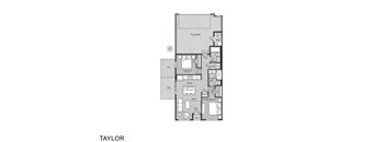 A floor plan of a Taylor apartment with a living room, kitchen, and two bedrooms.
