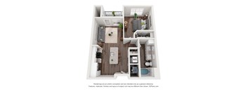 A 3D floor plan of a small apartment with a kitchen, living room, and bathroom.