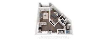 A 3D floor plan of a house with a kitchen, living room, and two bedrooms.