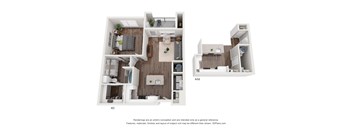 A 3D rendering of a house layout with two different floor plans.