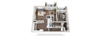 A 3D floor plan of a house with a kitchen, living room, and bathroom.