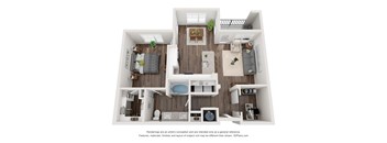 A 3D floor plan of a house with a kitchen, living room, and two bedrooms.