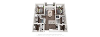 A 3D floor plan of a house with a kitchen, living room, and two bedrooms.