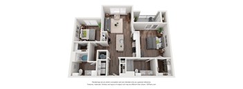 A 3D floor plan of a house with a kitchen, living room, and two bedrooms.