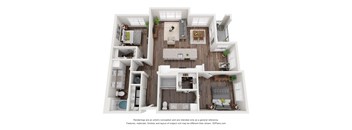 A 3D floor plan of a house with multiple rooms and furniture.