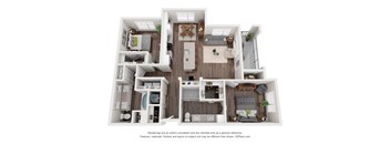 A 3D floor plan of a house with a kitchen, living room, and two bedrooms.
